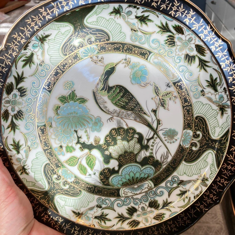 Saji Fine China Decorative Charger Plate 10.25in Green Gold Peacock Vintage